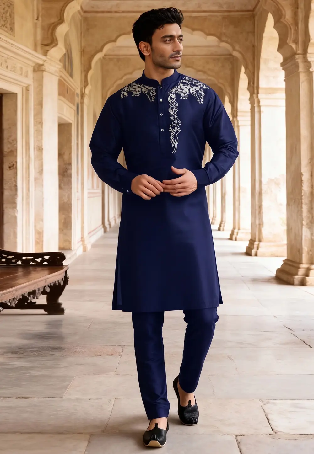 Navy Blue Dupion Silk Kurta Pajama 331924