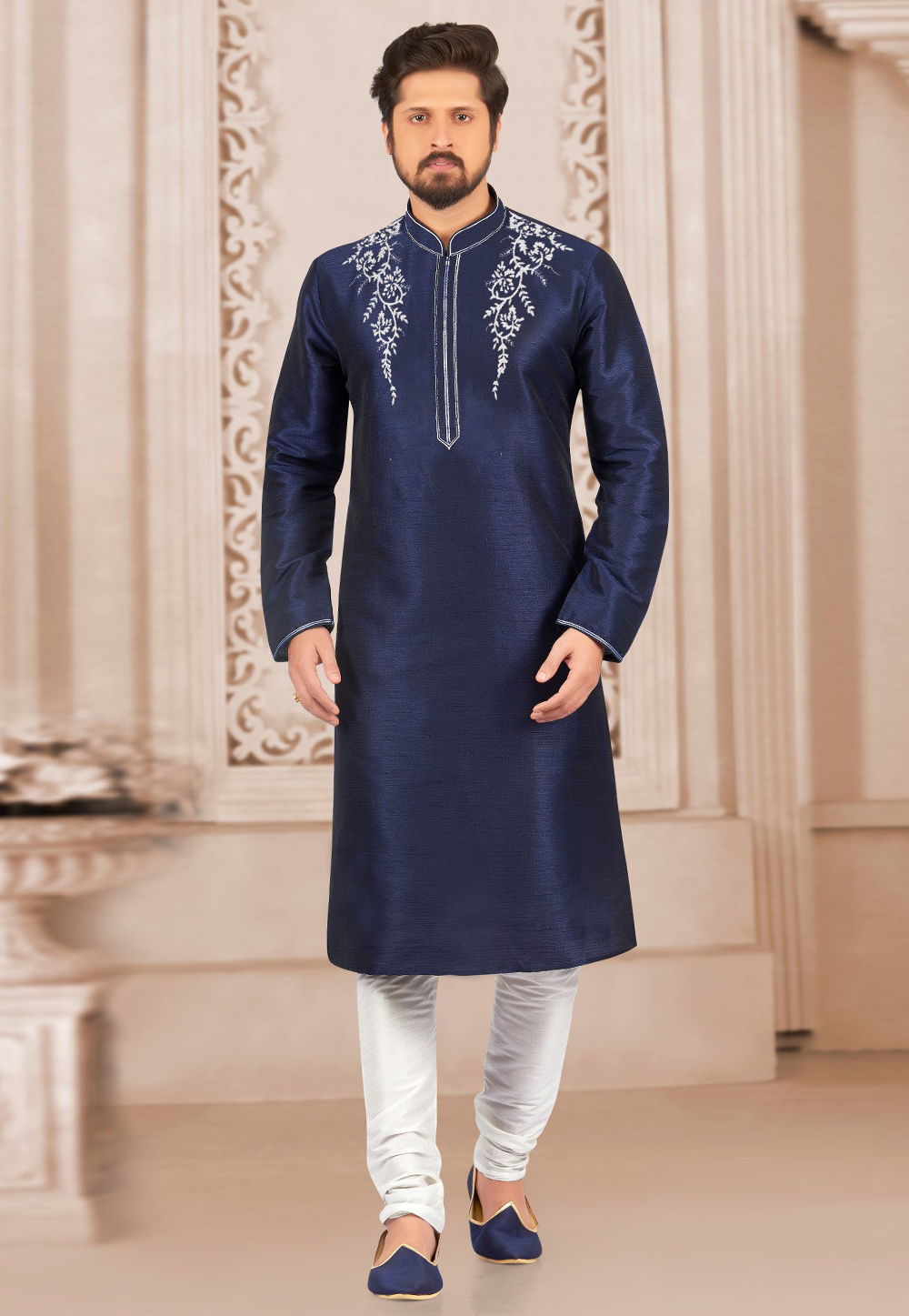 Navy Blue Dupion Silk Kurta Pajama 311891