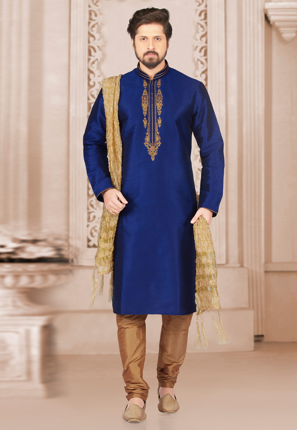 Navy Blue Dupion Silk Kurta Pajama 279674