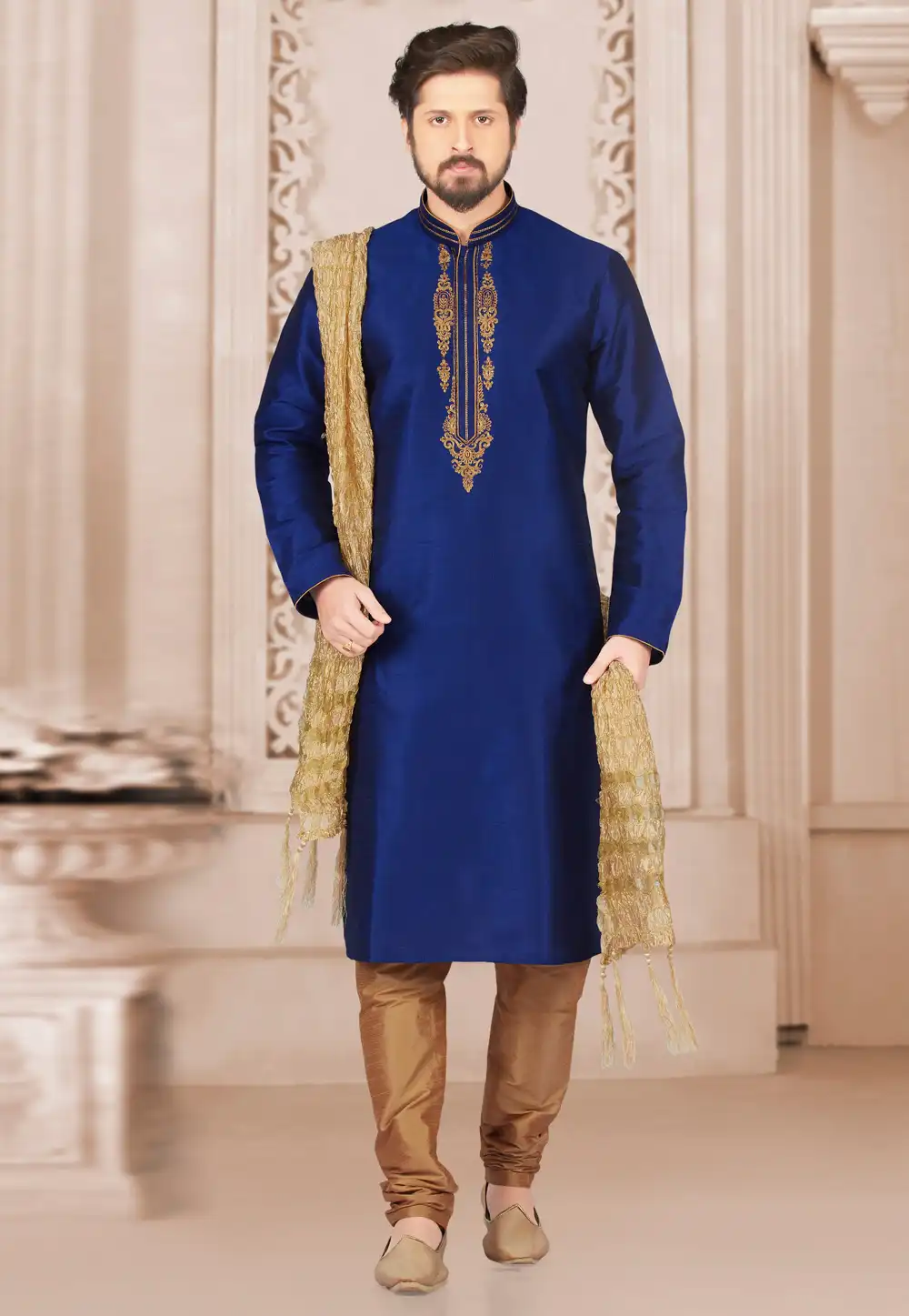 Navy Blue Dupion Silk Kurta Pajama 279674
