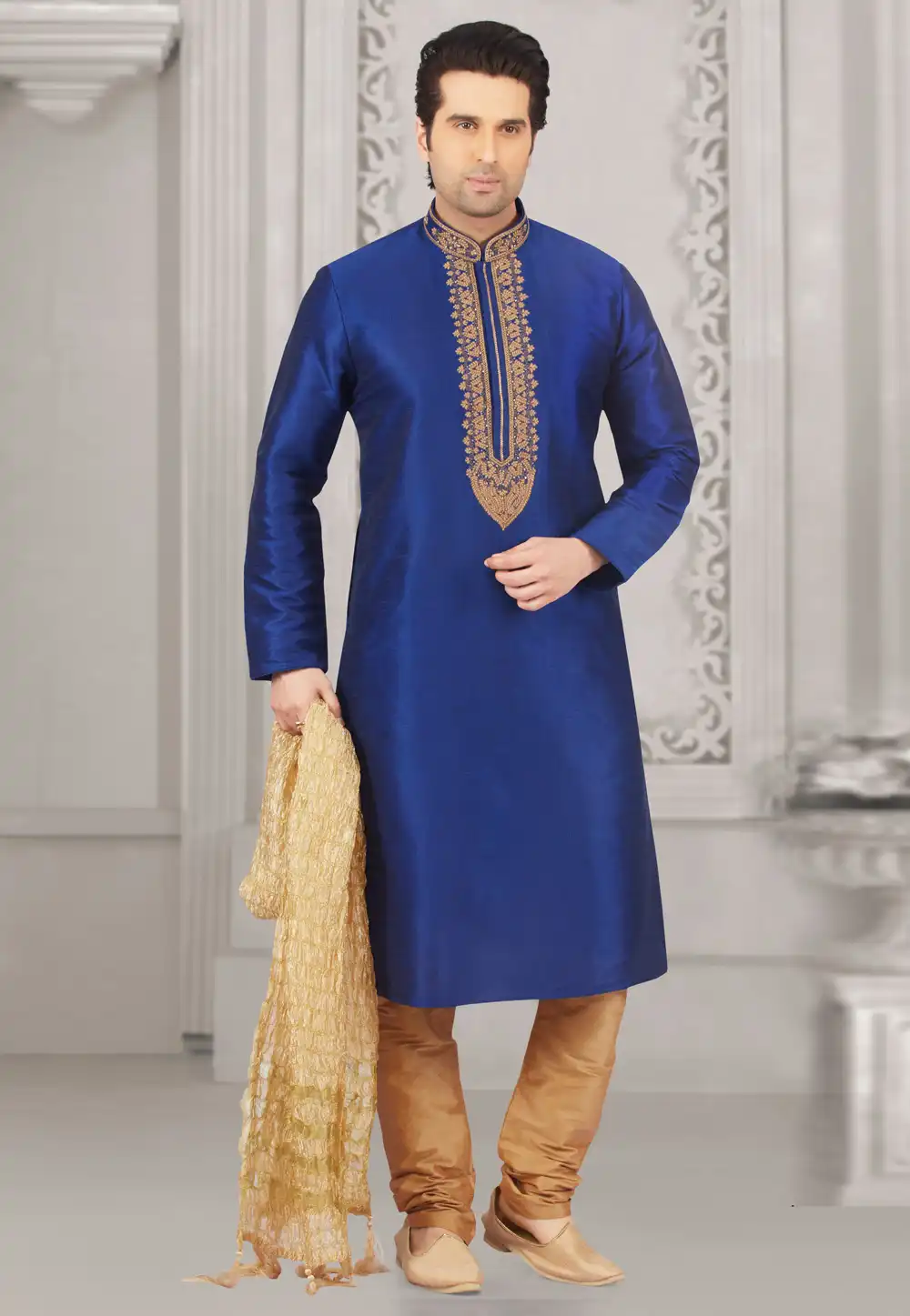 Navy Blue Dupion Silk Kurta Pajama 279675