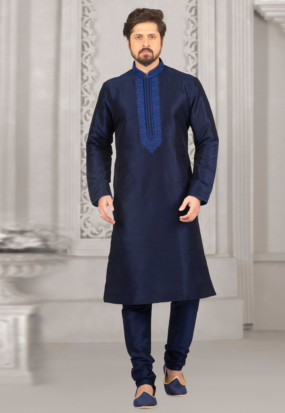 Navy Blue Dupion Silk Kurta Pajama 279698