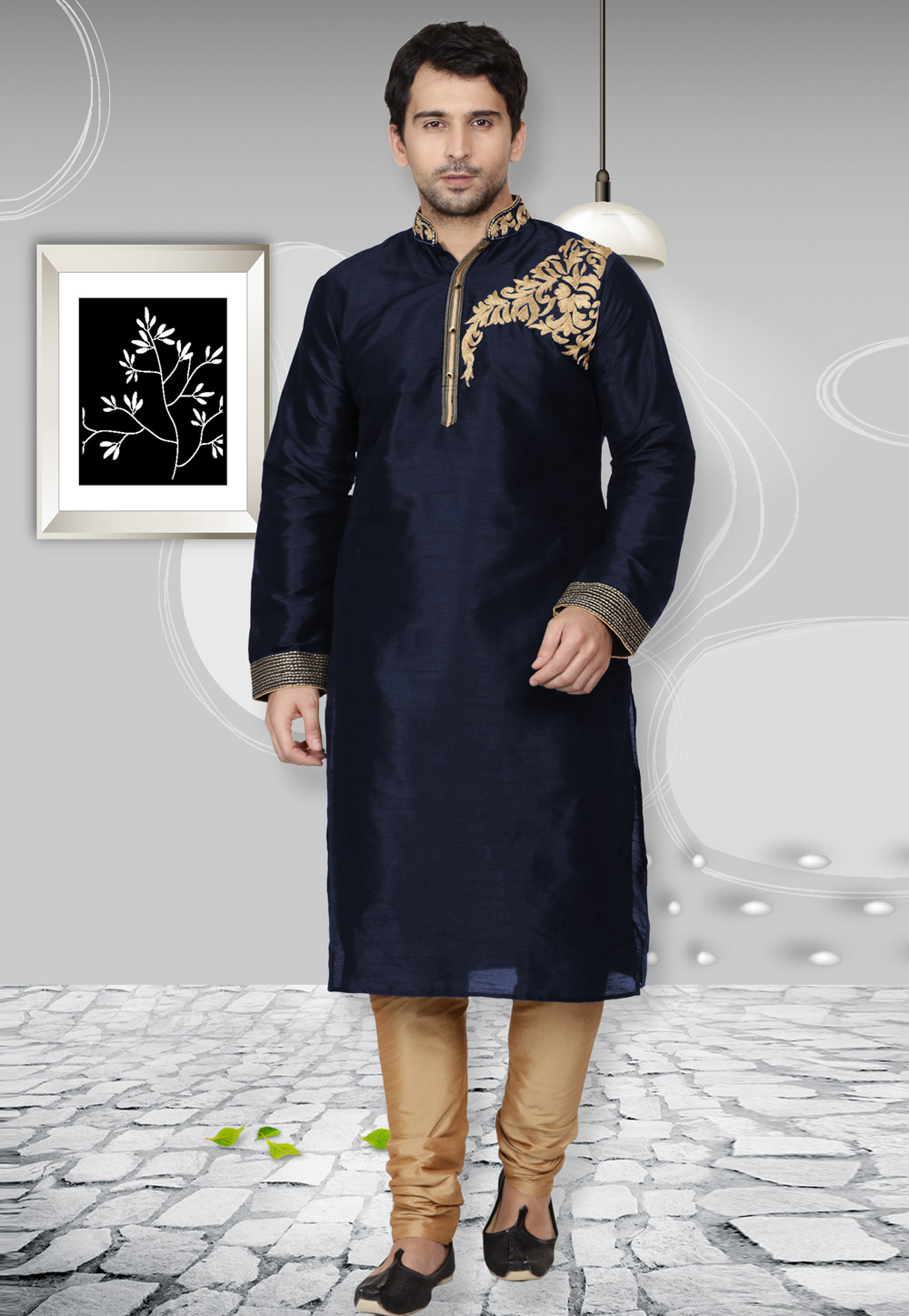 Navy Blue Dupion Silk Kurta Pajama 279412