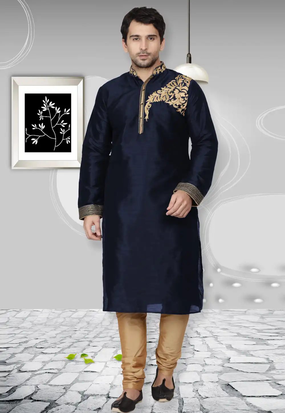 Navy Blue Dupion Silk Kurta Pajama 279412