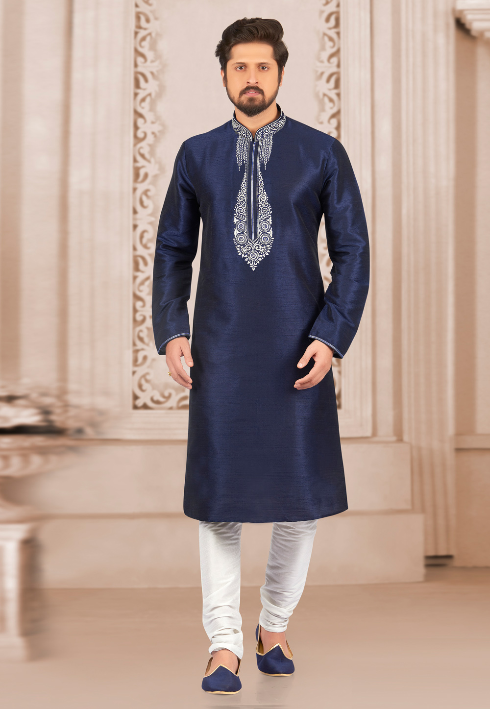 Navy Blue Dupion Silk Kurta Pajama 279421