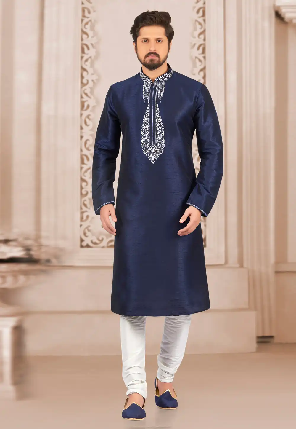 Navy Blue Dupion Silk Kurta Pajama 279421