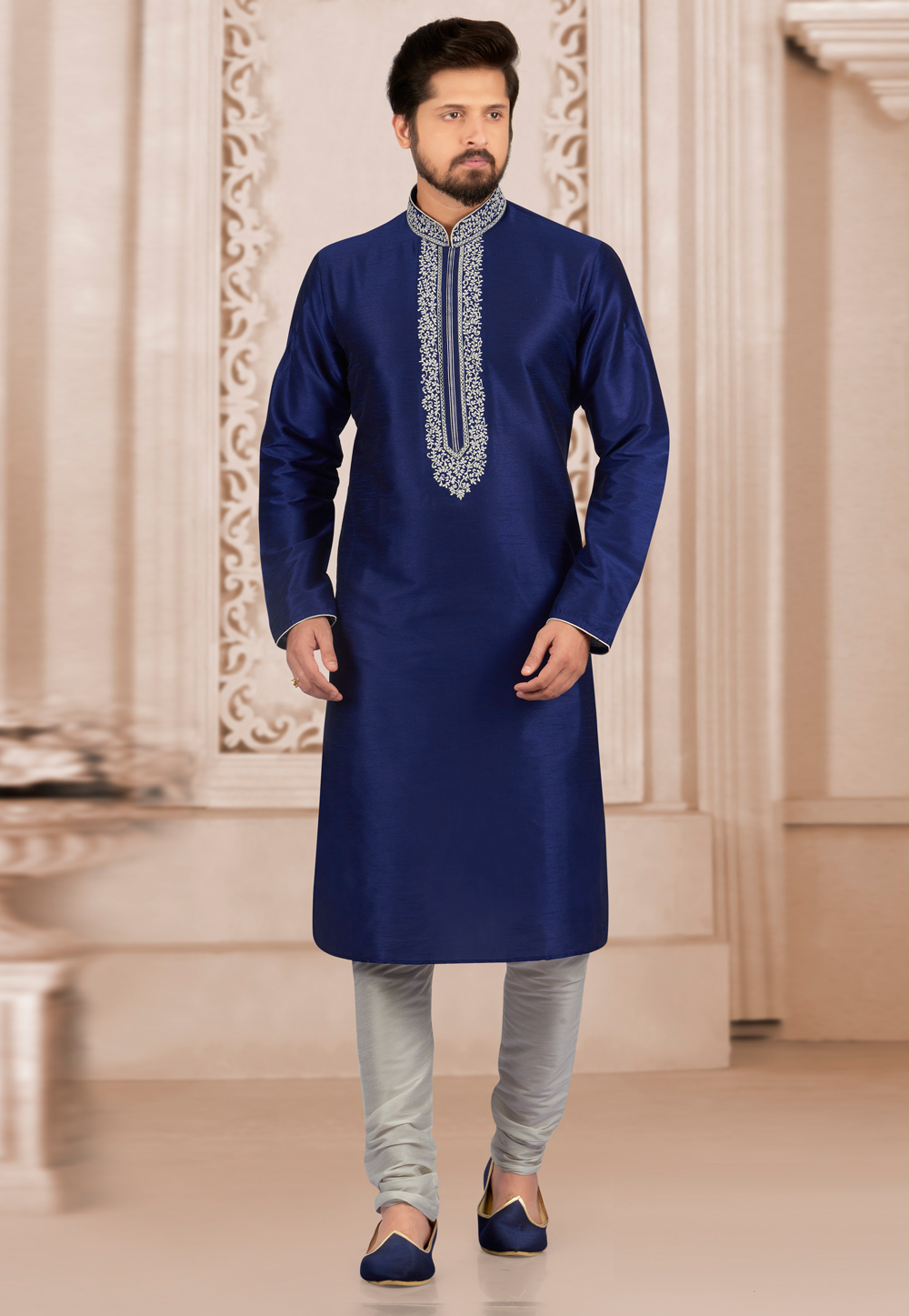 Navy Blue Dupion Silk Kurta Pajama 279422