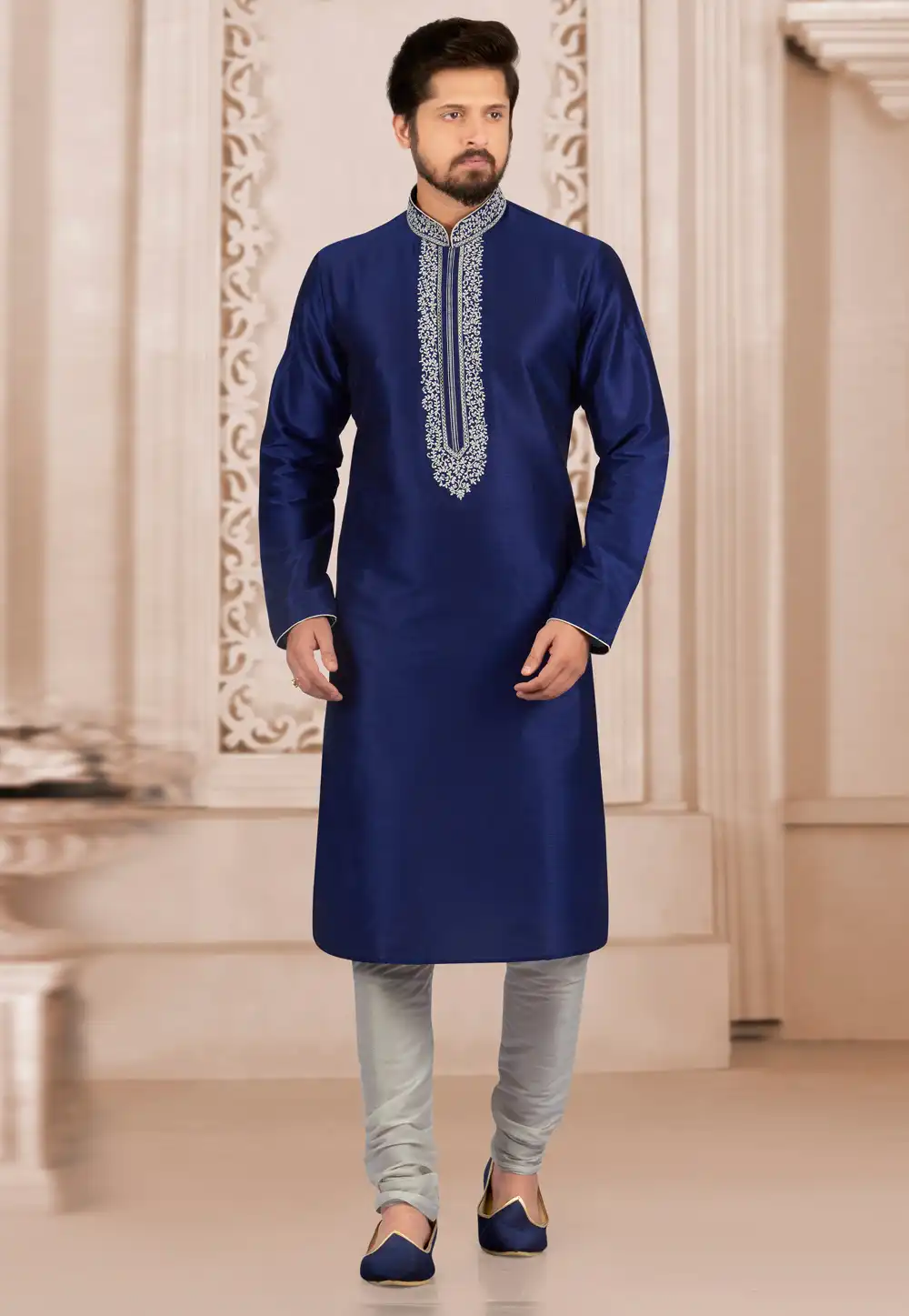 Navy Blue Dupion Silk Kurta Pajama 279422