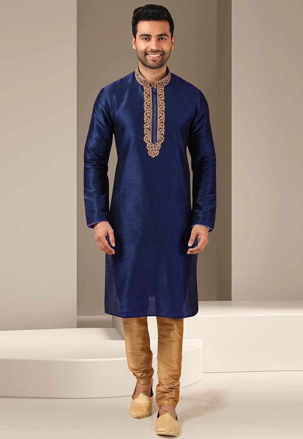 Navy Blue Dupion Silk Kurta Pajama 279423