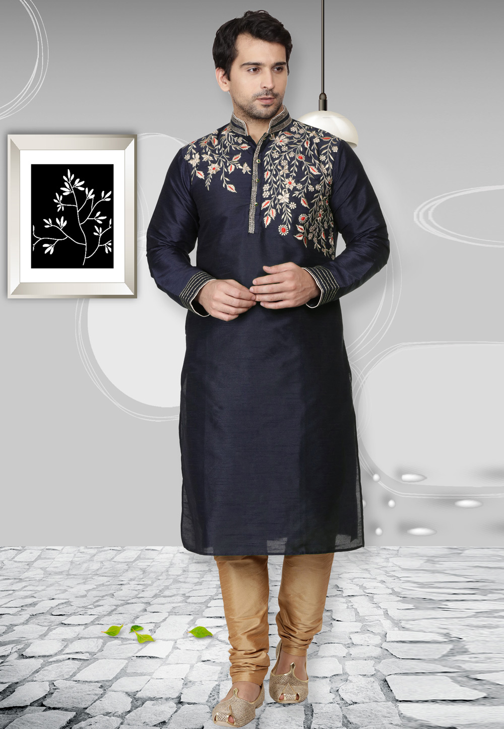 Navy Blue Dupion Silk Kurta Pajama 279434