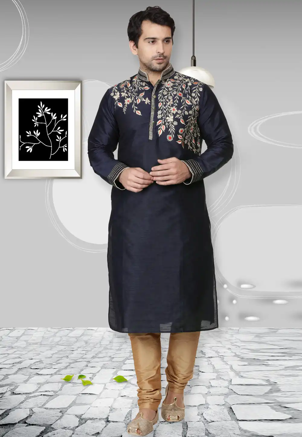 Navy Blue Dupion Silk Kurta Pajama 279434