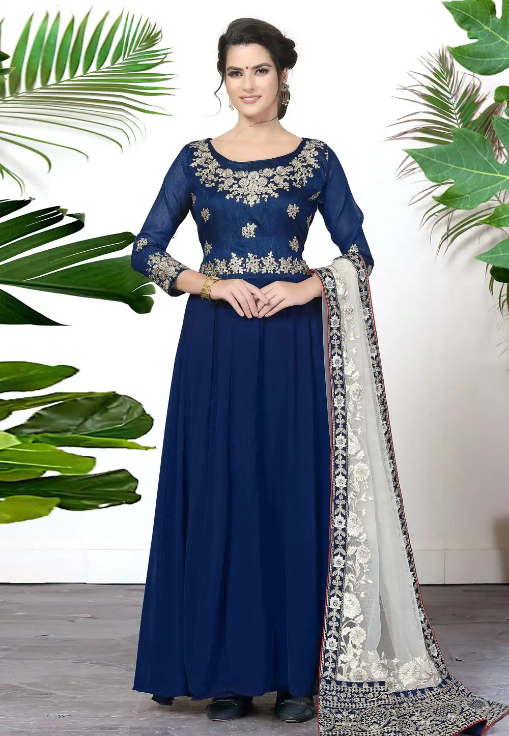 Navy Blue Faux Georgette Anarkali Suit 314643