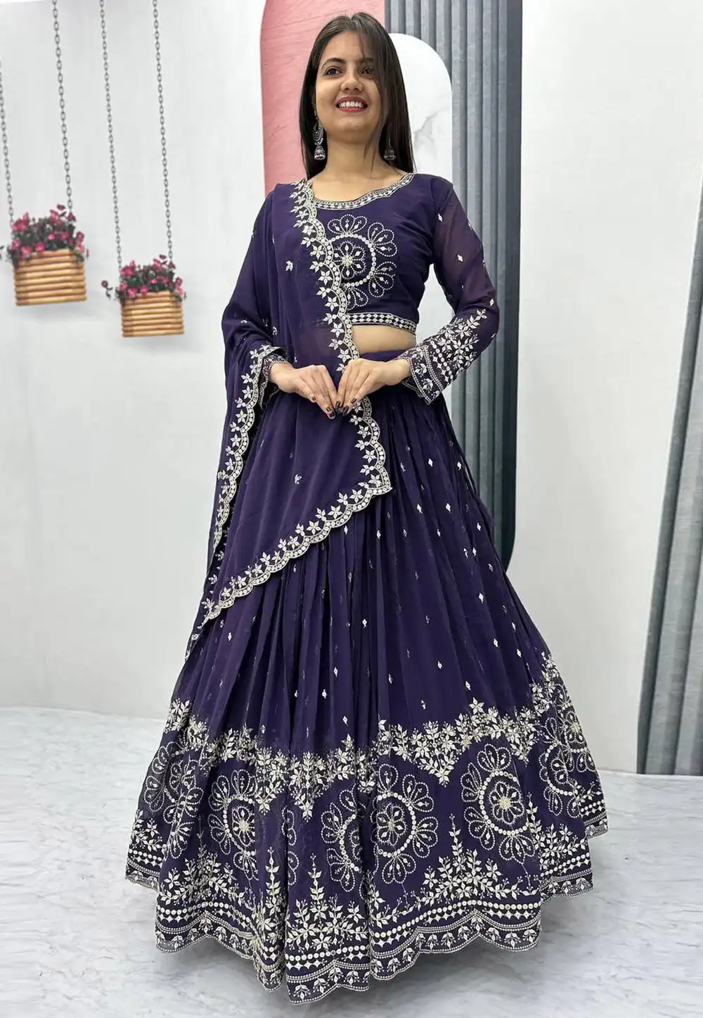 Navy Blue Faux Georgette Circular Lehenga Choli 328898