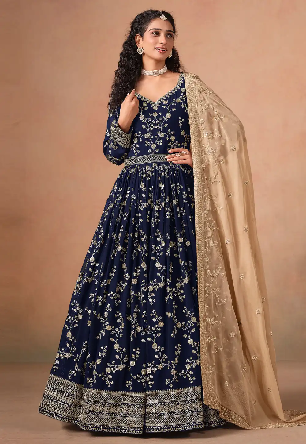 Navy Blue Faux Georgette Embroidered Anarkali Suit 315858