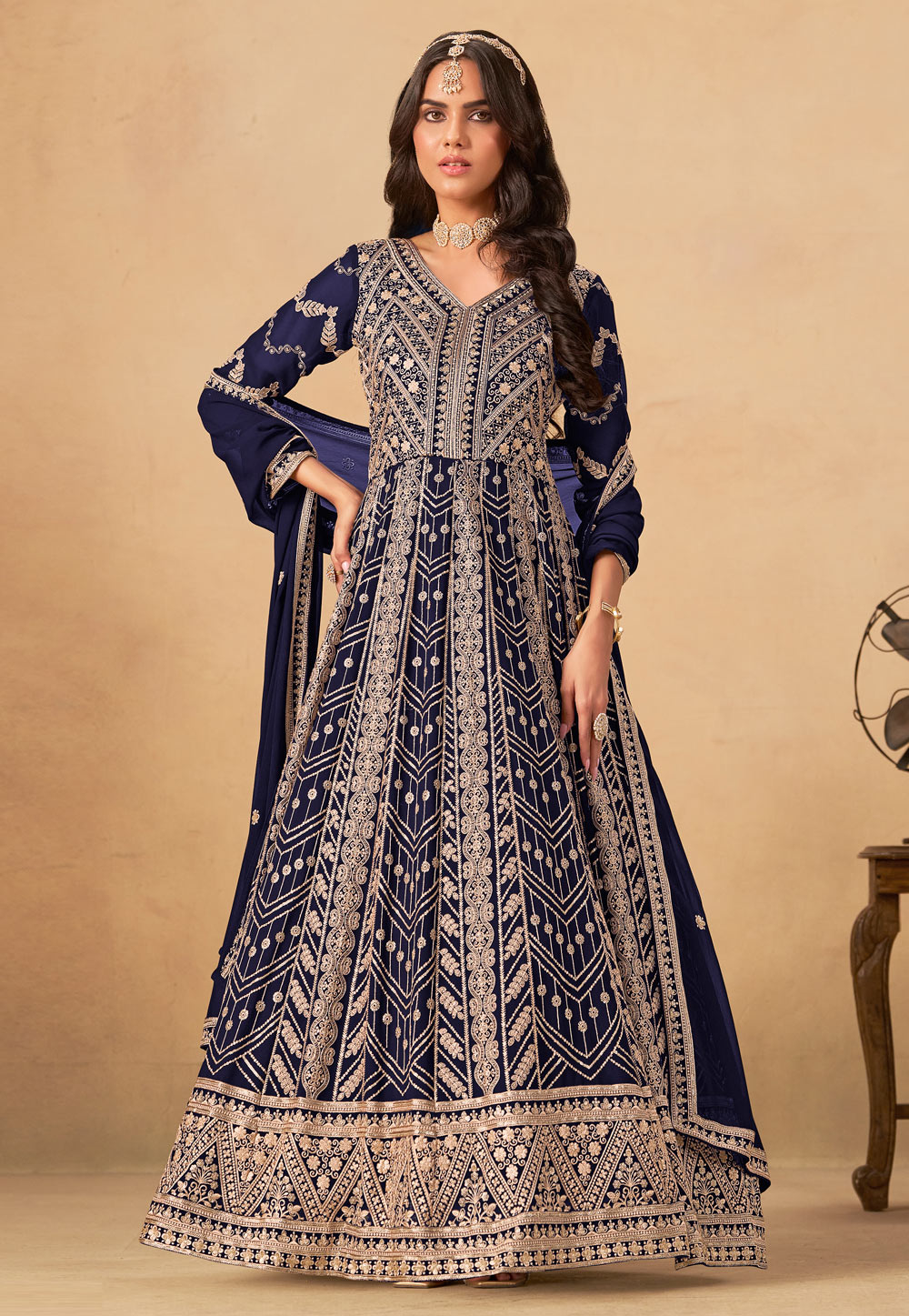 Navy Blue Faux Georgette Embroidered Anarkali Suit 319188