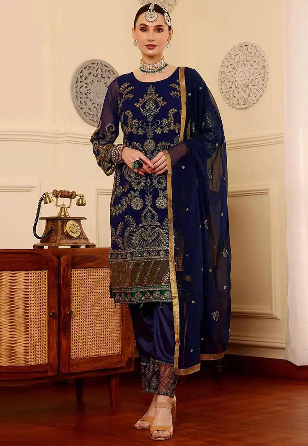 Navy Blue Faux Georgette Embroidered Pant Style Suit 319940