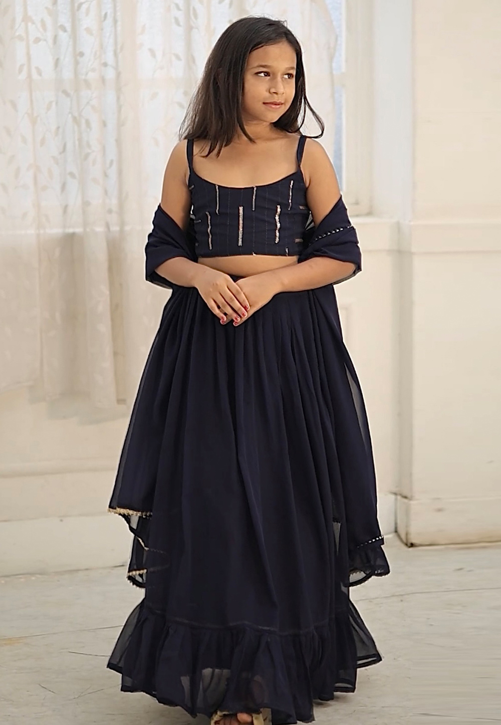 Navy Blue Faux Georgette Kids Lehenga Choli 282075