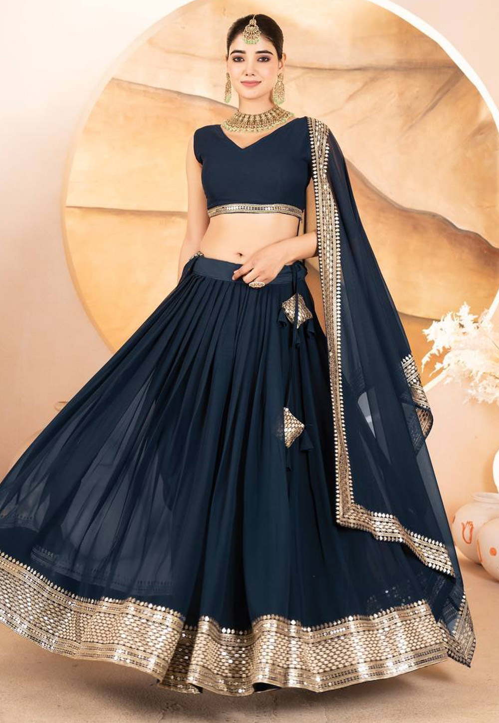 Navy Blue Faux Georgette Lehenga Choli 306606