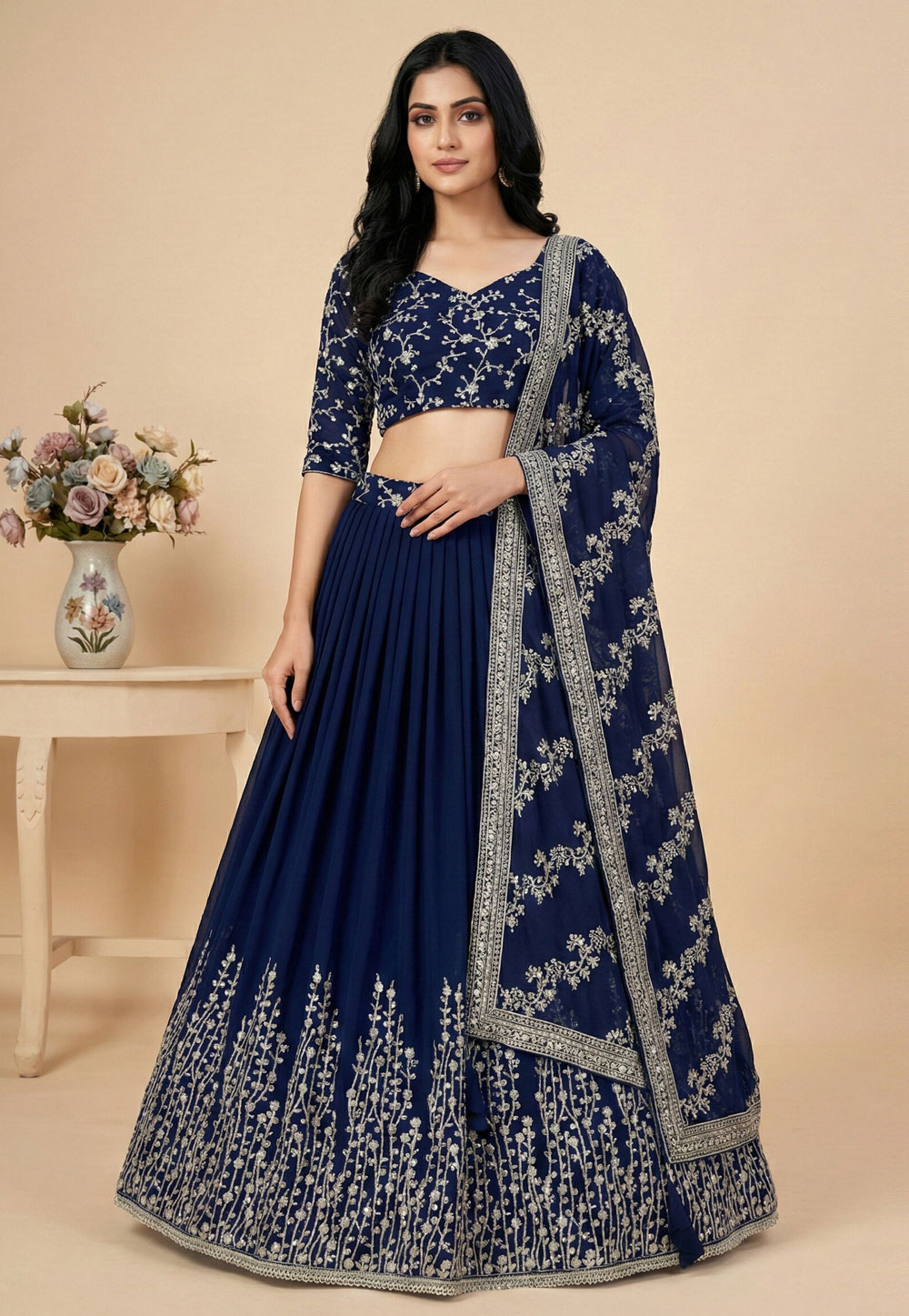 Navy Blue Faux Georgette Lehenga Choli 324162