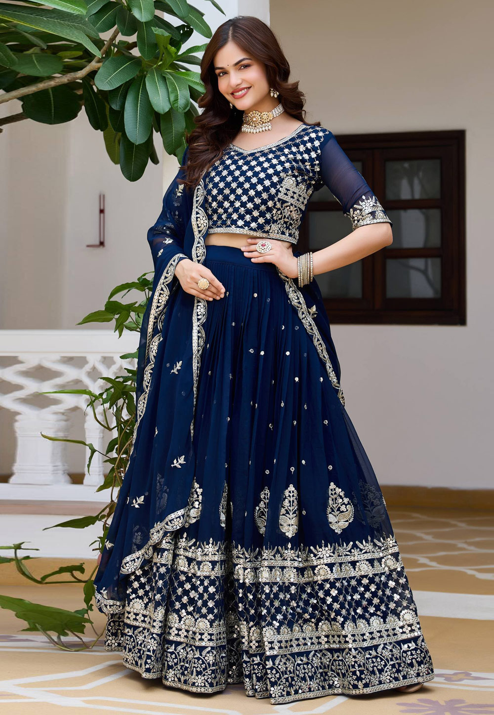 Navy Blue Faux Georgette Lehenga Choli 329430