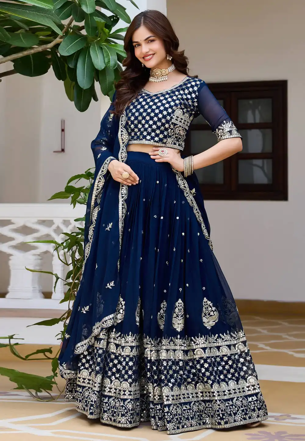 Navy Blue Faux Georgette Lehenga Choli 329430