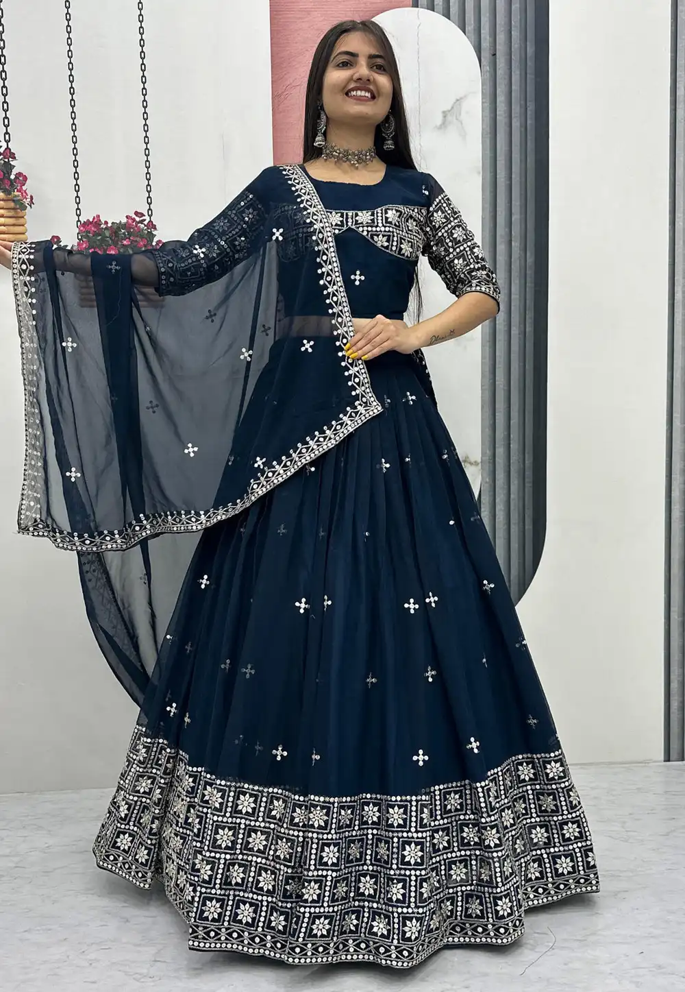 Navy Blue Faux Georgette Lehenga Choli 325977