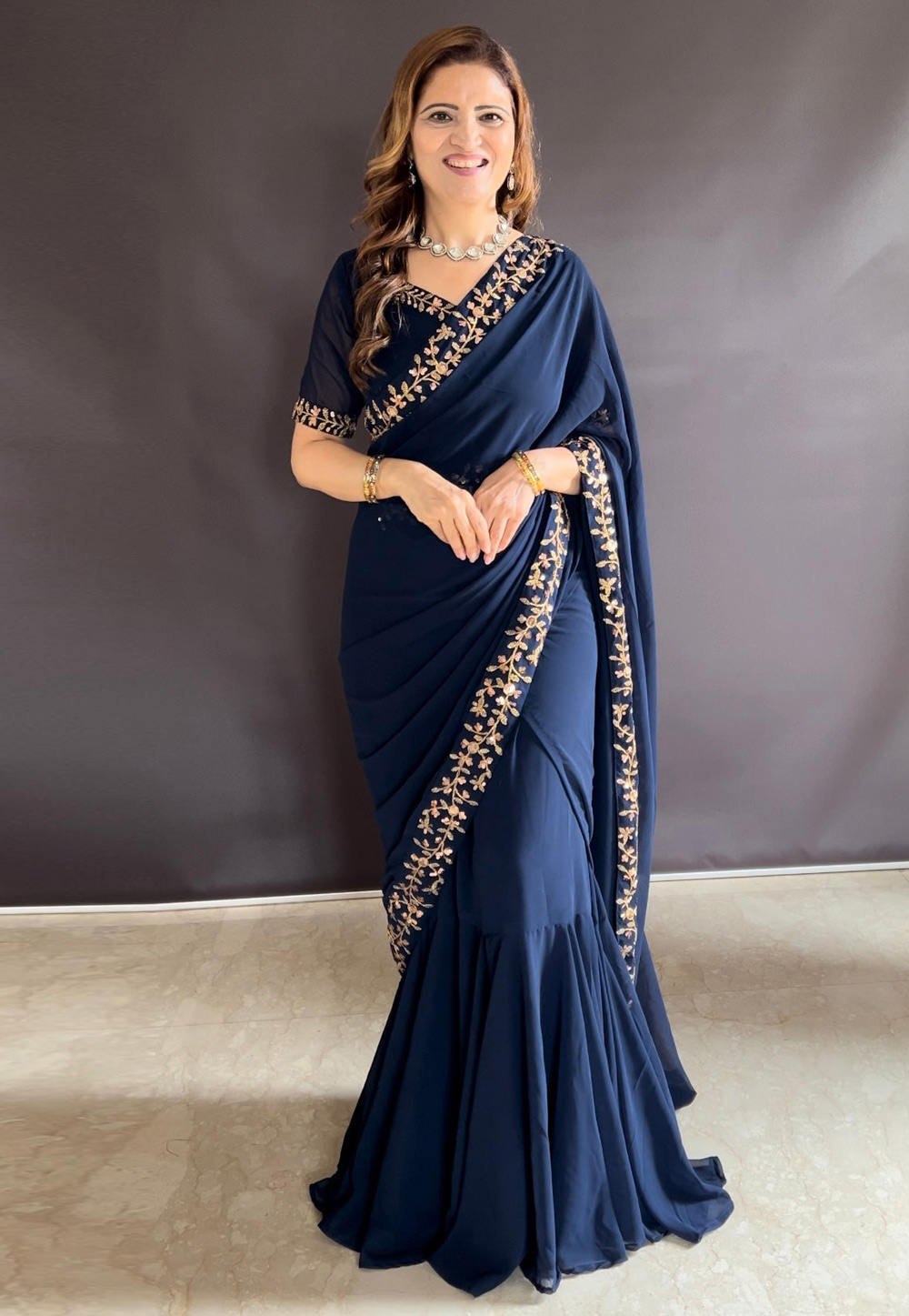 Navy Blue Faux Georgette Lehenga Saree 308959