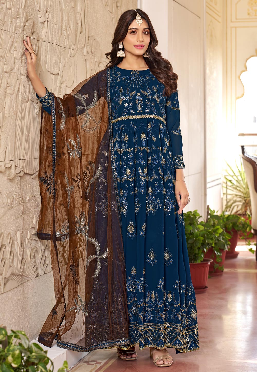 Navy Blue Faux Georgette Long Anarkali Suit 282037