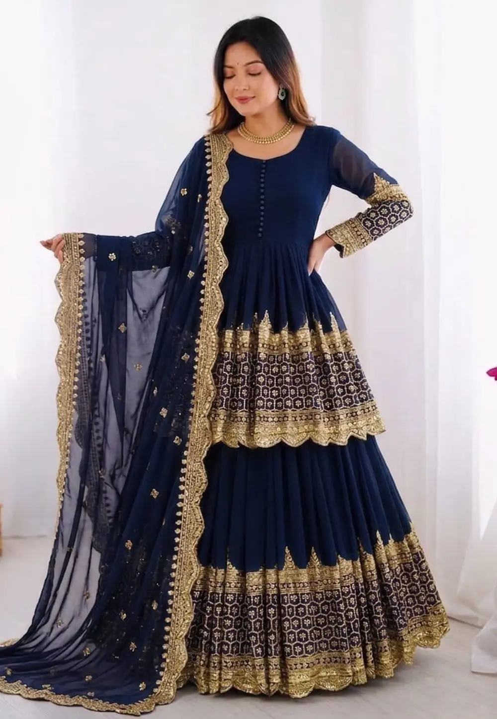 Navy Blue Faux Georgette Long Choli Lehenga 332362