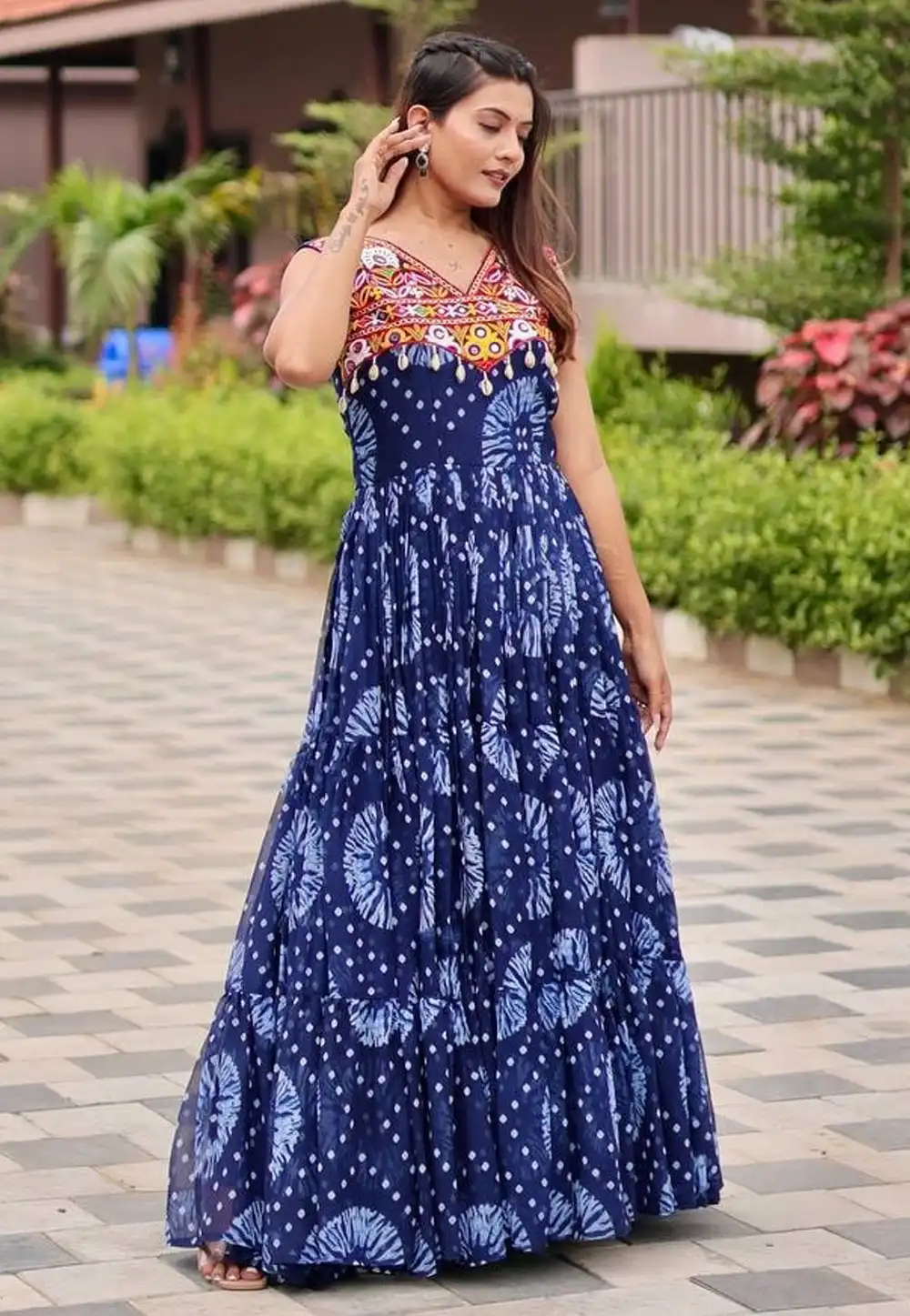 Navy Blue Faux Georgette Navratri Wear Gown 314532