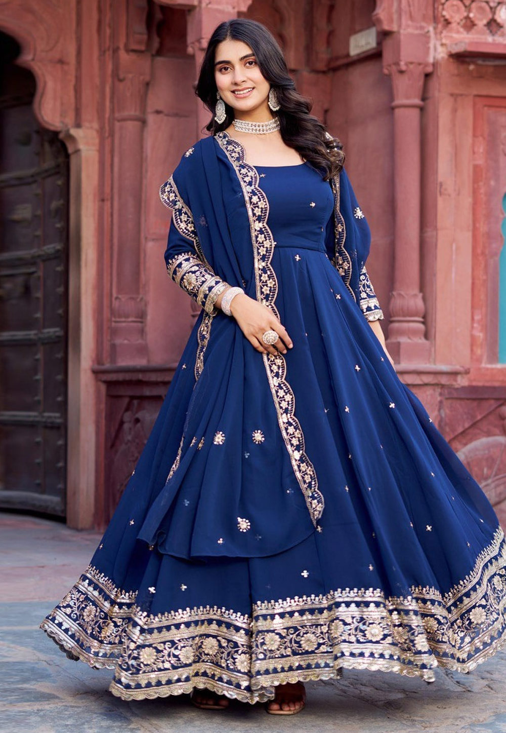 Navy Blue Faux Georgette Readymade Anarkali Suit 311845