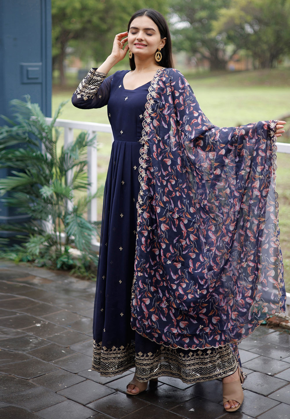 Navy Blue Faux Georgette Readymade Anarkali Suit 278926