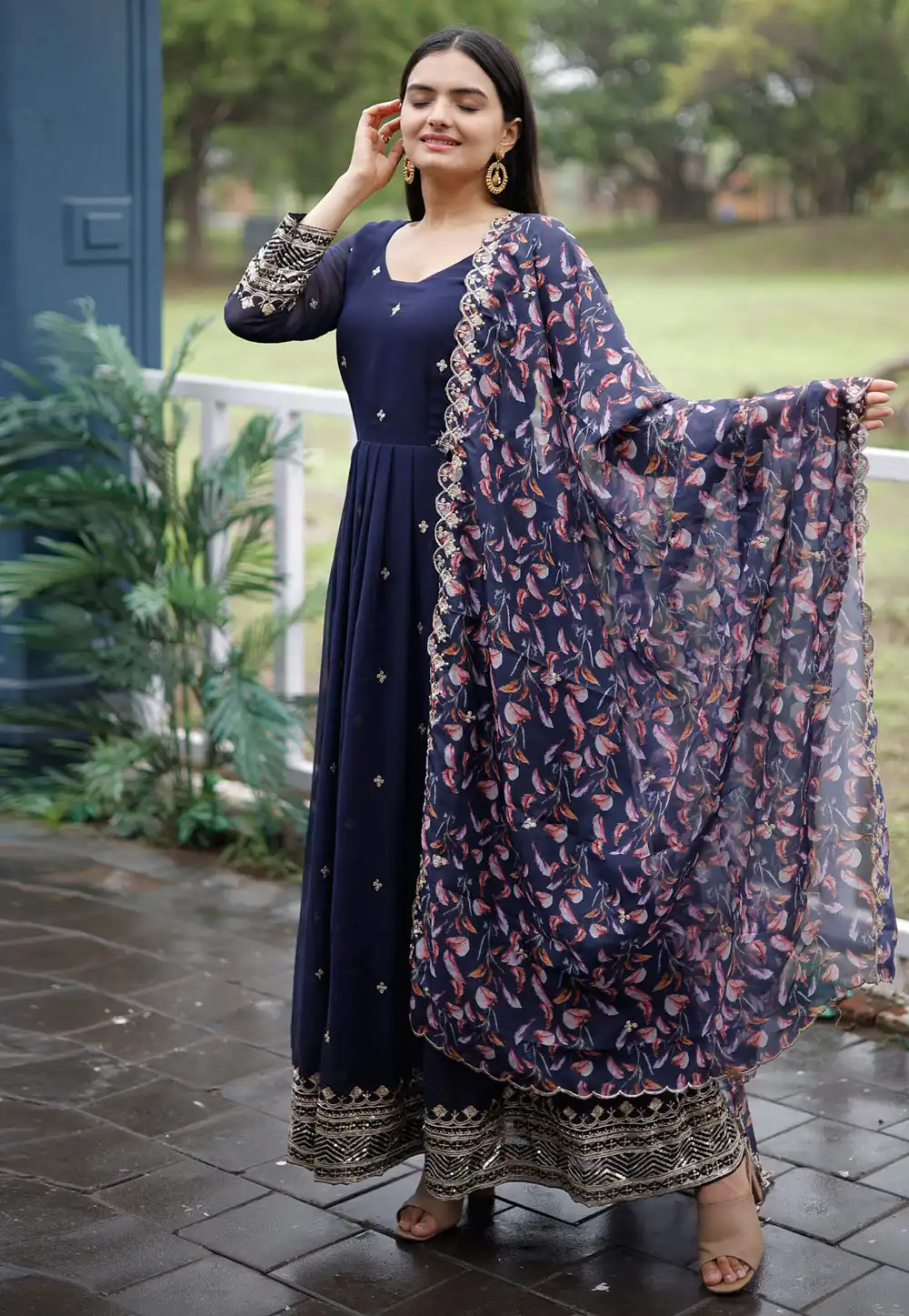 Navy Blue Faux Georgette Readymade Anarkali Suit 278926