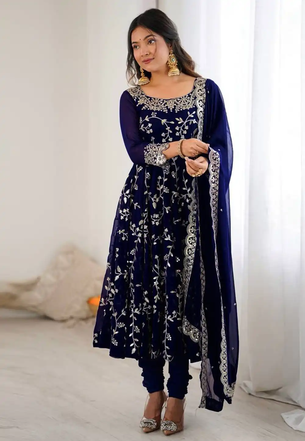 Navy Blue Faux Georgette Readymade Churidar Suit 317123