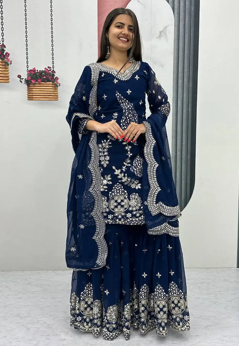 Navy Blue Faux Georgette Readymade Gharara Suit 328909