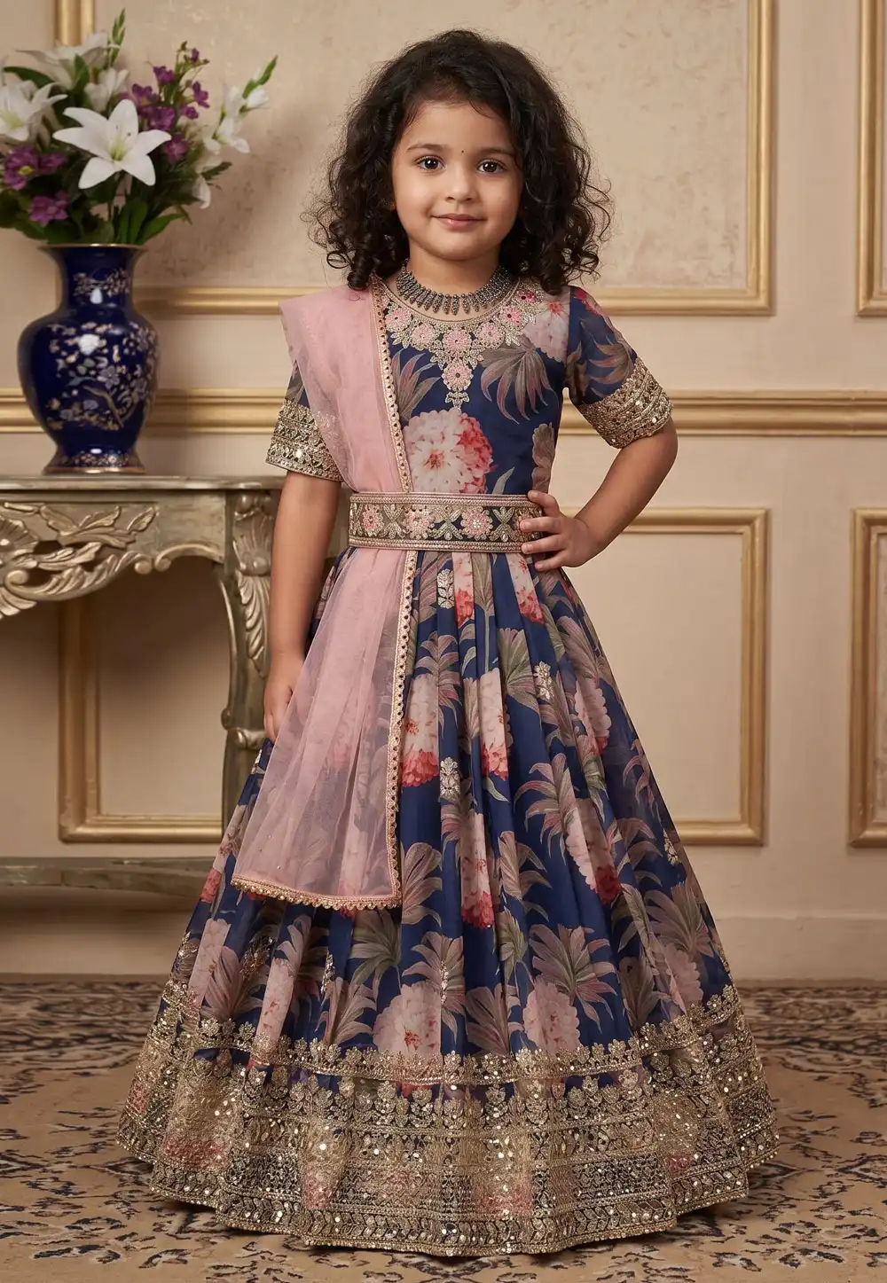 Navy Blue Faux Georgette Readymade Kids Gown 329930