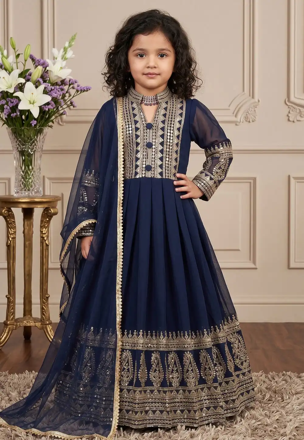 Navy Blue Faux Georgette Readymade Kids Gown 329937