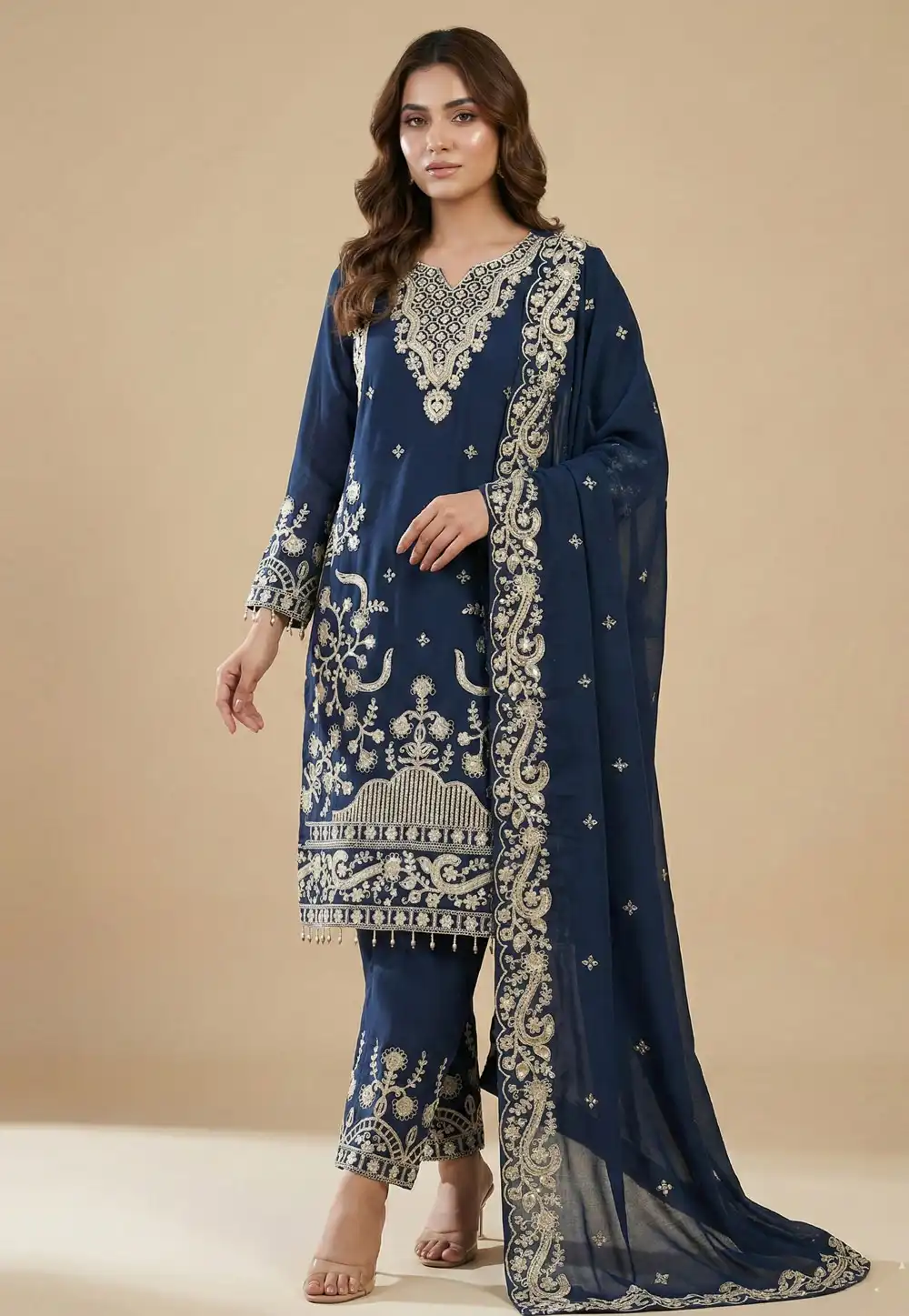 Navy Blue Faux Georgette Readymade Pakistani Suit 323886