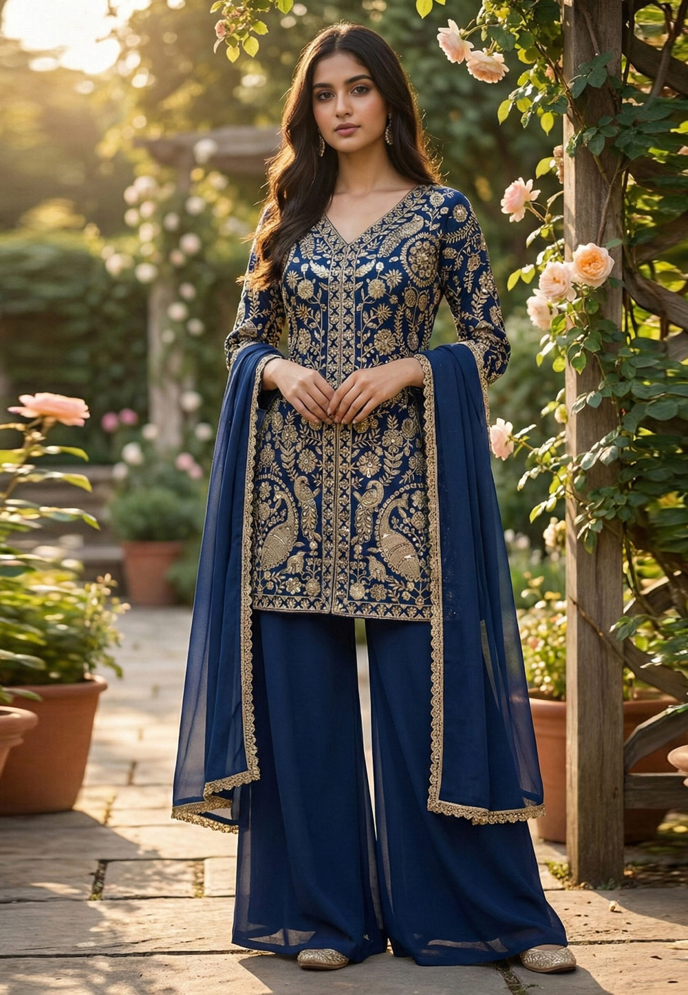 Navy Blue Faux Georgette Readymade Palazzo Suit 323338
