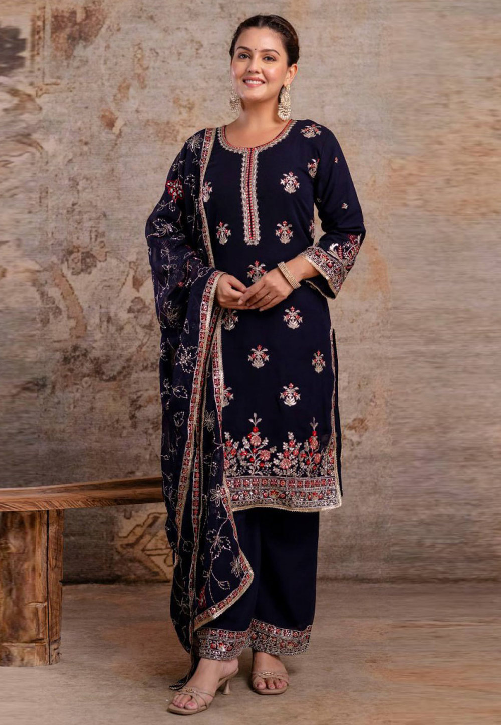 Navy Blue Faux Georgette Readymade Pant Style Suit 321465