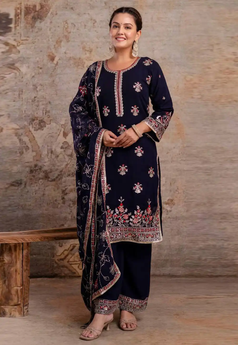Navy Blue Faux Georgette Readymade Pant Style Suit 321465