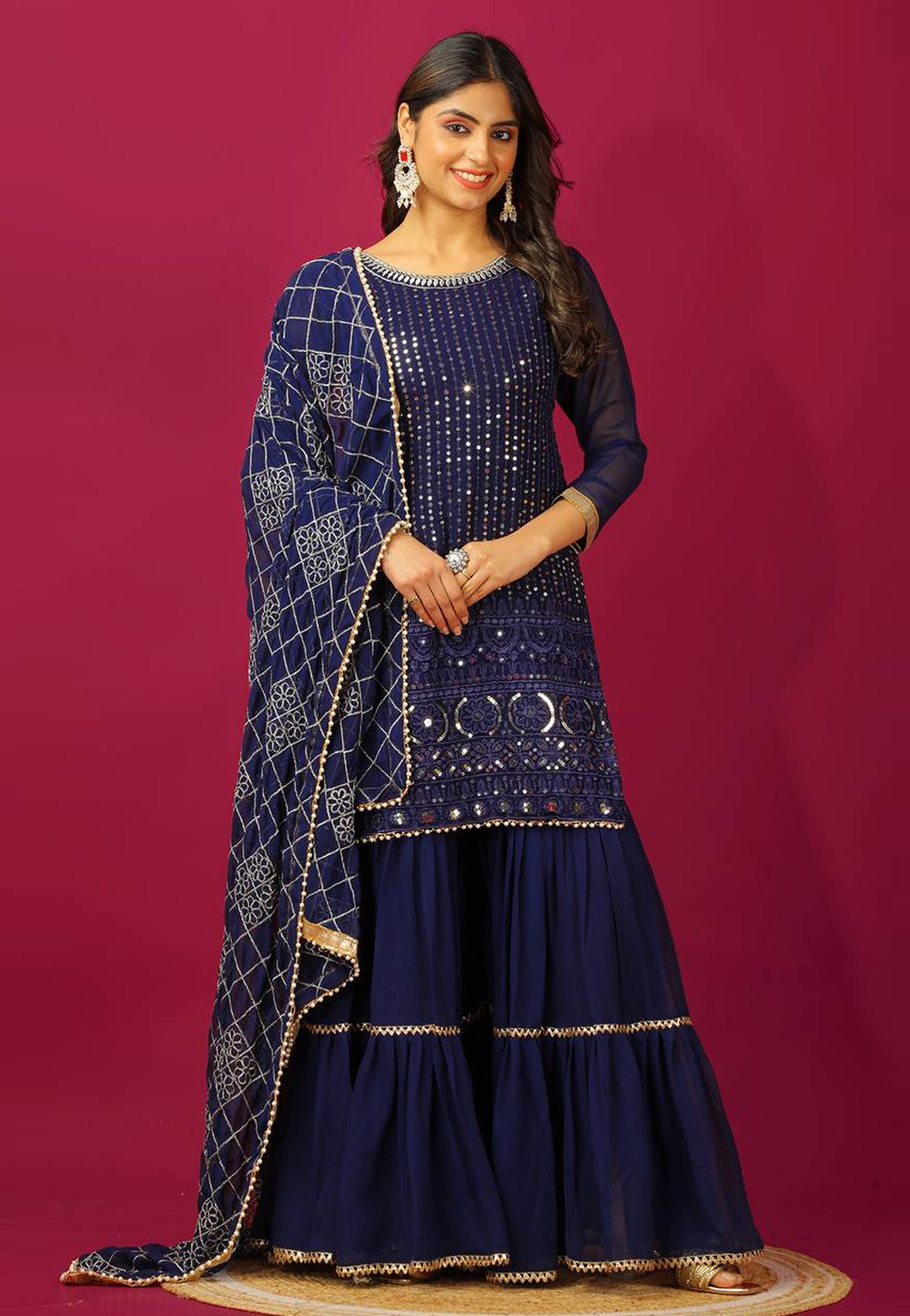 Navy Blue Faux Georgette Readymade Sharara Suit 307302