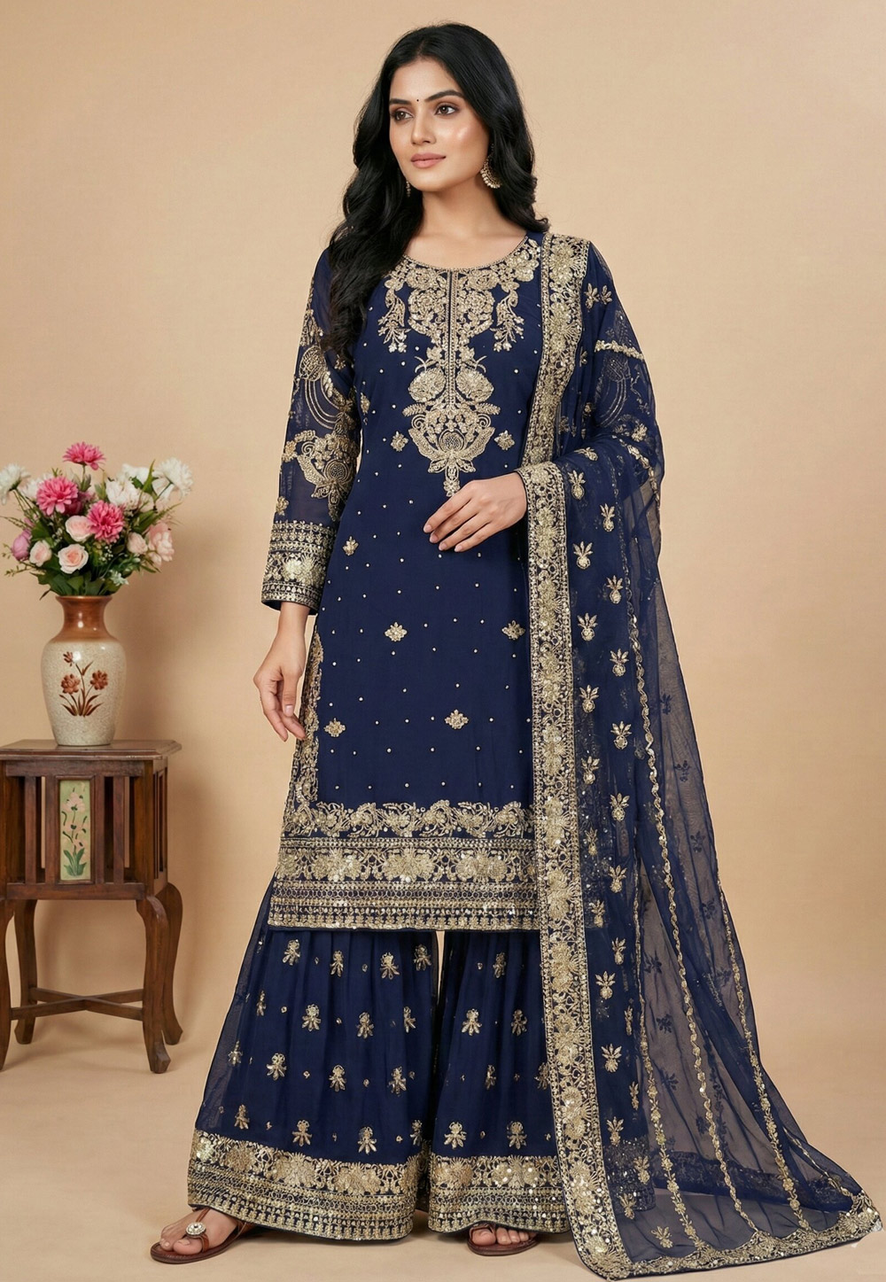 Navy Blue Faux Georgette Readymade Sharara Suit 324784