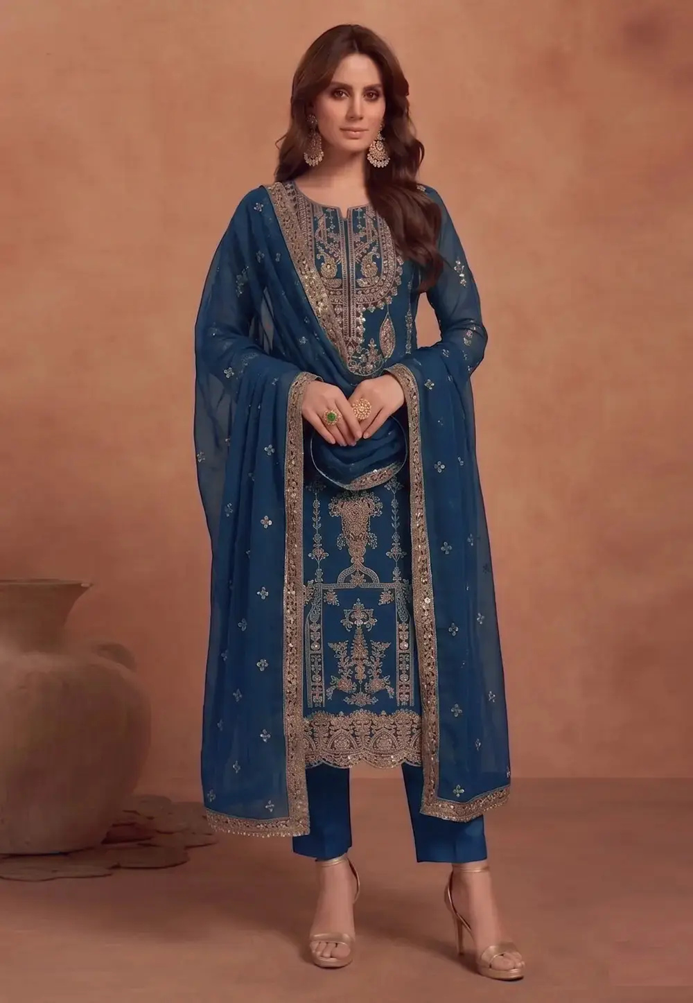 Teal Faux Georgette Straight Suit 331352