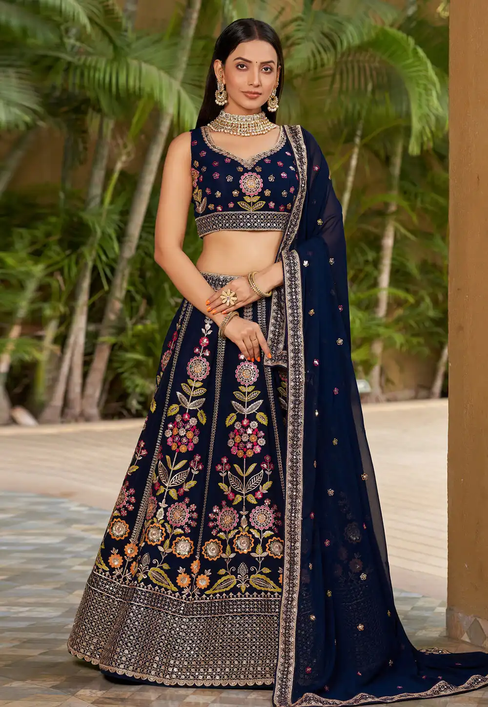 Navy Blue Georgette A Line Lehenga Choli 282060