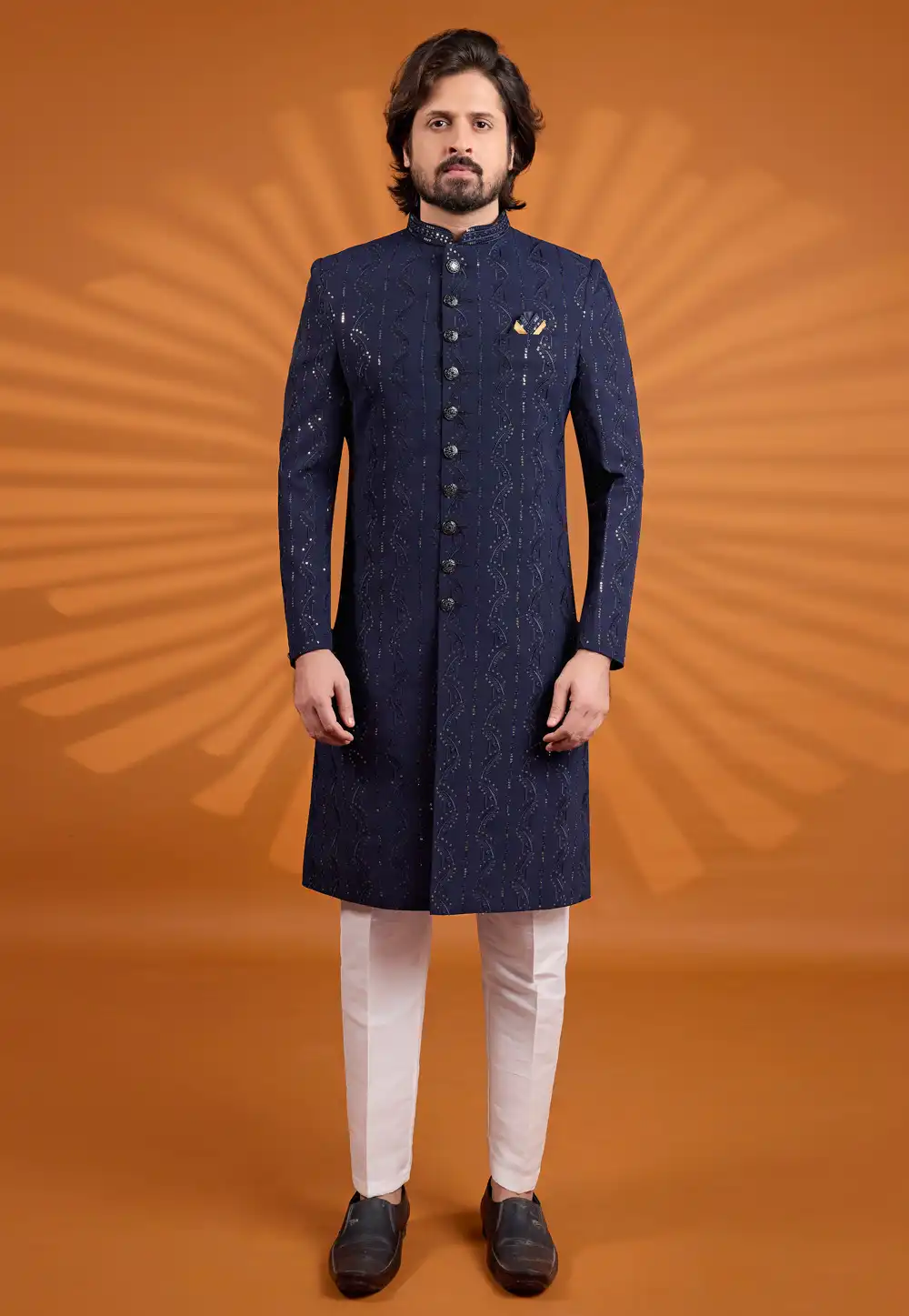 Navy Blue Georgette Achkan Style Sherwani 330258