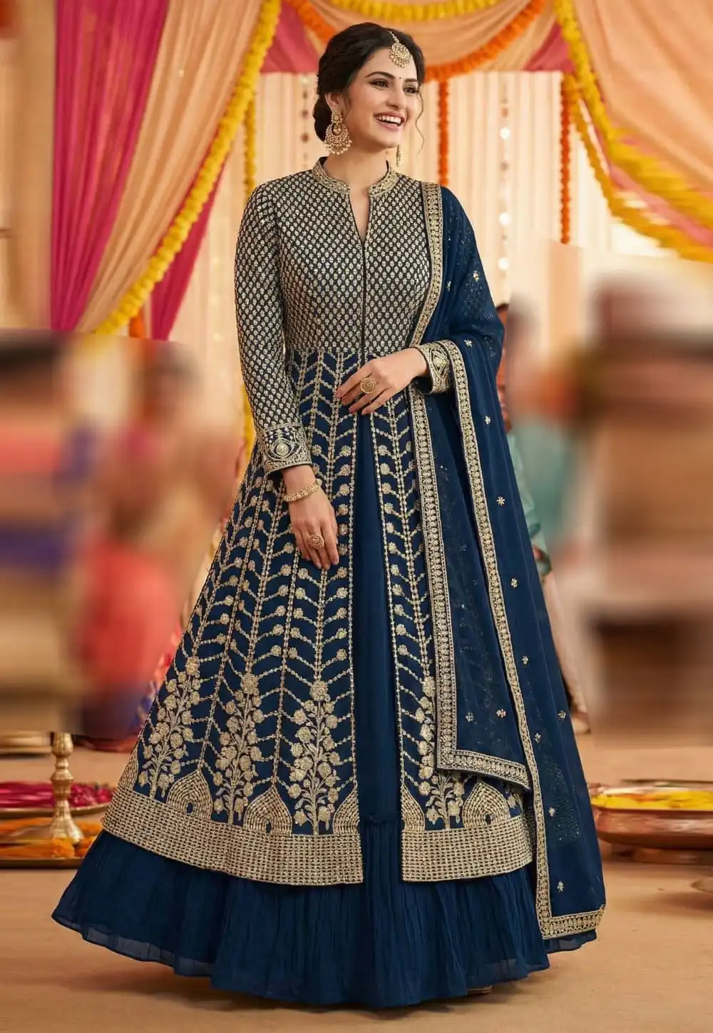 Navy Blue Georgette Anarkali Lehenga Choli 321172