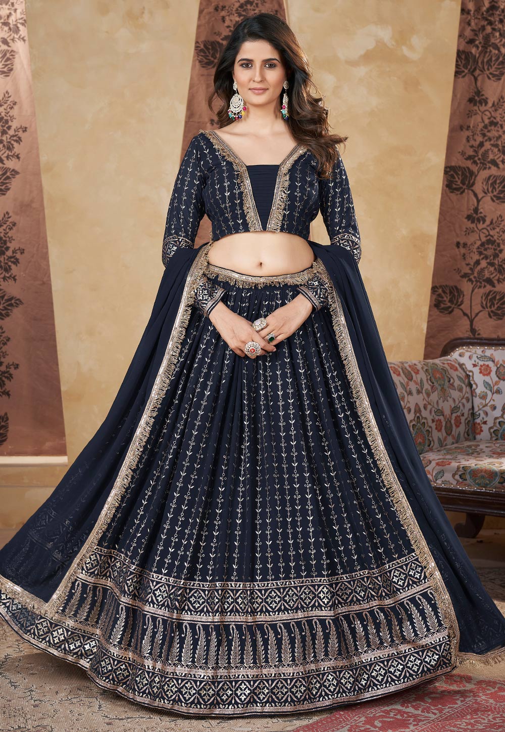 Navy Blue Georgette Circular Lehenga Choli 285663