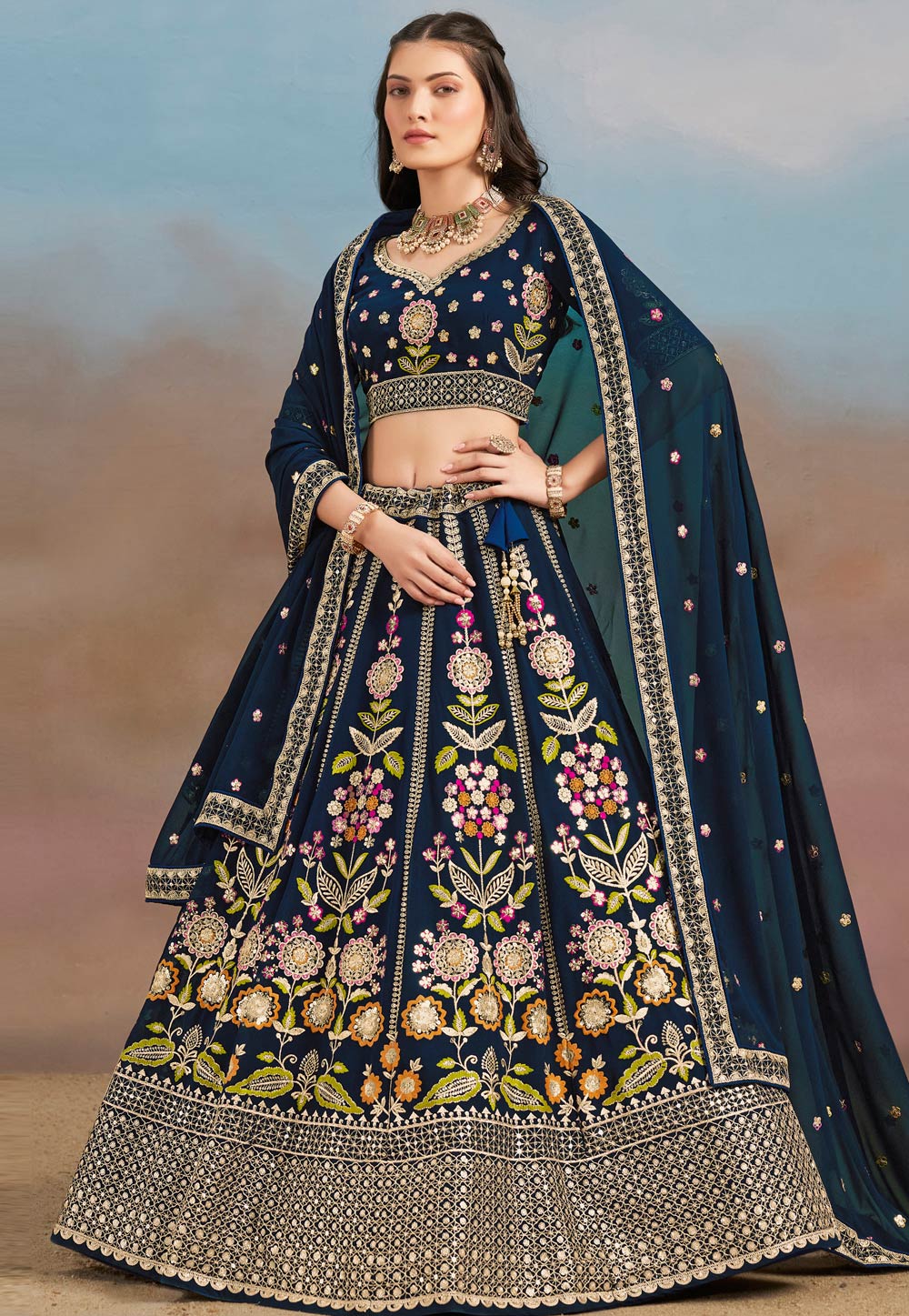 Navy Blue Georgette Circular Lehenga Choli 312353