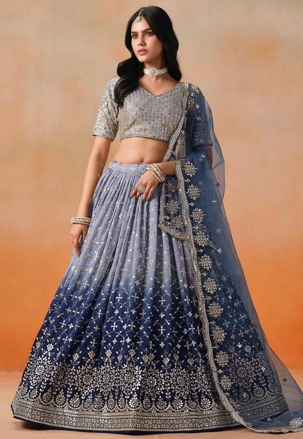Navy Blue Georgette Circular Lehenga Choli 311643